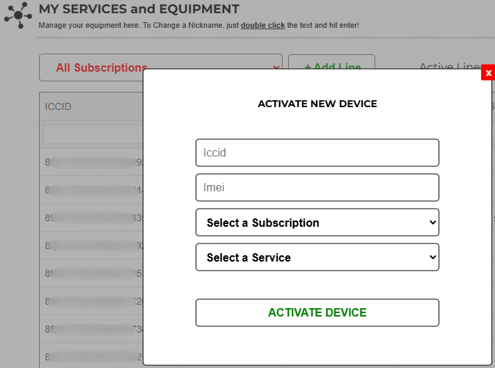Portal screen for activating a new device by entering its ICCID and IMEI and selecting a subscription and service