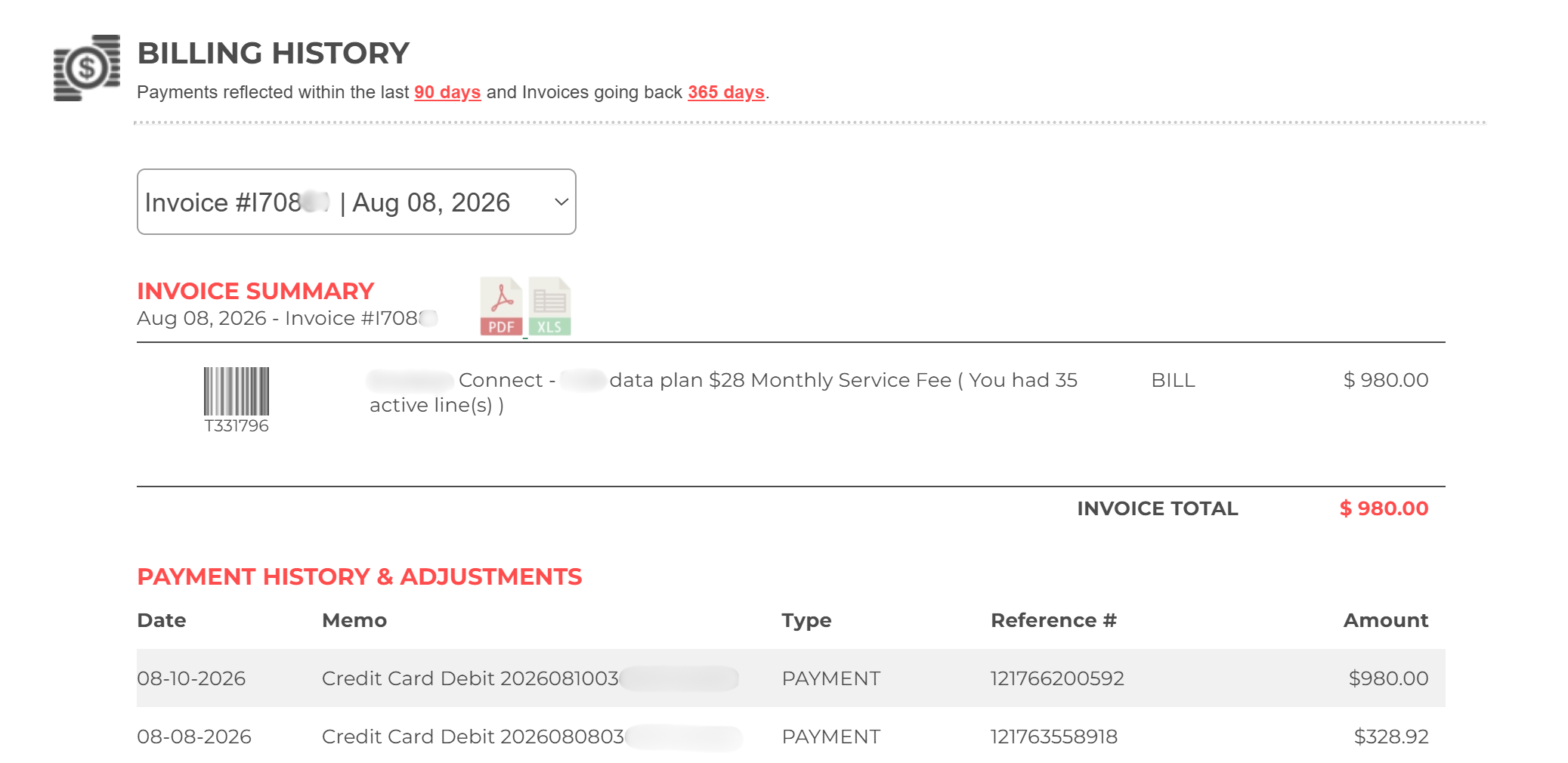 Portal billing history screen showing an itemized invoice with line-item charges, invoice total, and payment history