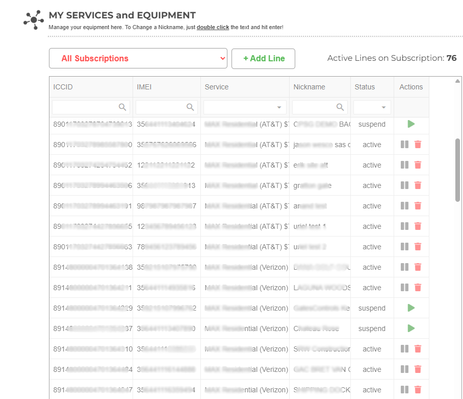 Portal screen listing active device lines with ICCID, IMEI, service, nickname, and status, with actions to suspend or remove
