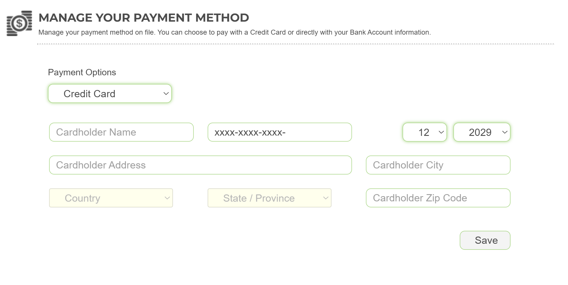 Portal screen for managing a payment method with credit card or bank account options