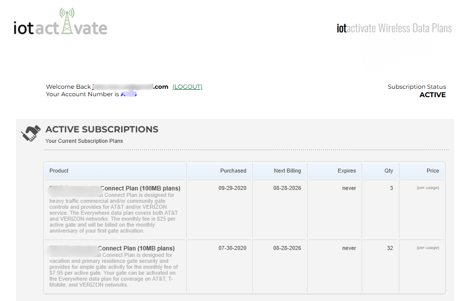 Portal screen showing active subscription plans with purchase dates, billing dates, quantities, and pricing